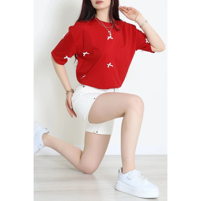 Kurdele Detay Baskılı Oversize Penye Tişört Bordo - 55092.1567.