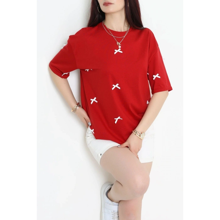 Kurdele Detay Baskılı Oversize Penye Tişört Bordo - 55092.1567.