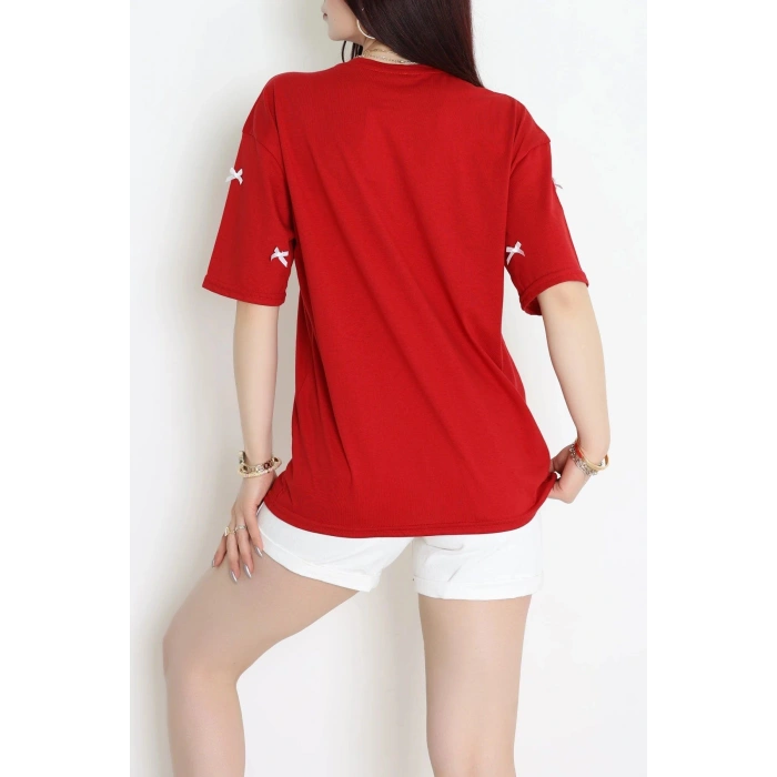 Kurdele Detay Baskılı Oversize Penye Tişört Bordo - 55092.1567.