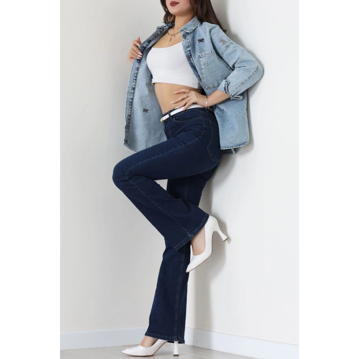 Kurdele Nakışlı Kot Ceket Mavi - 31785.683.