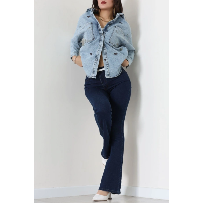 Kurdele Nakışlı Kot Ceket Mavi - 31785.683.