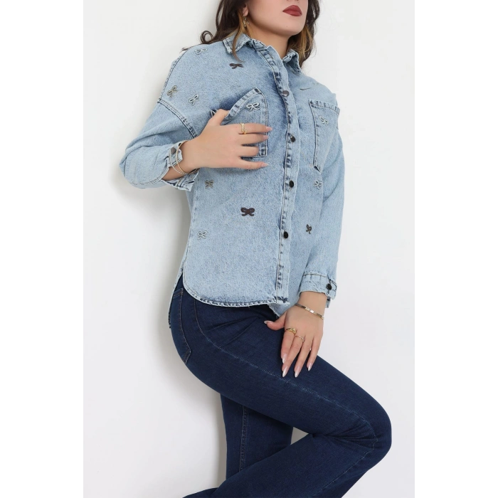 Kurdele Nakışlı Kot Ceket Mavi - 31785.683.