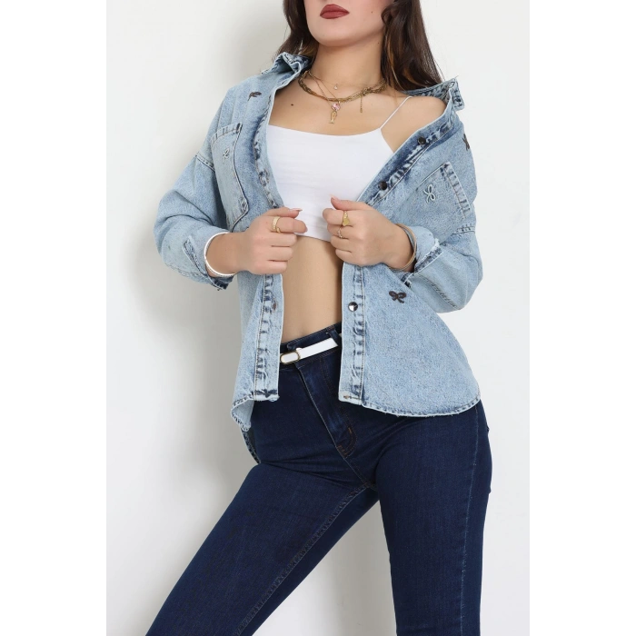 Kurdele Nakışlı Kot Ceket Mavi - 31785.683.