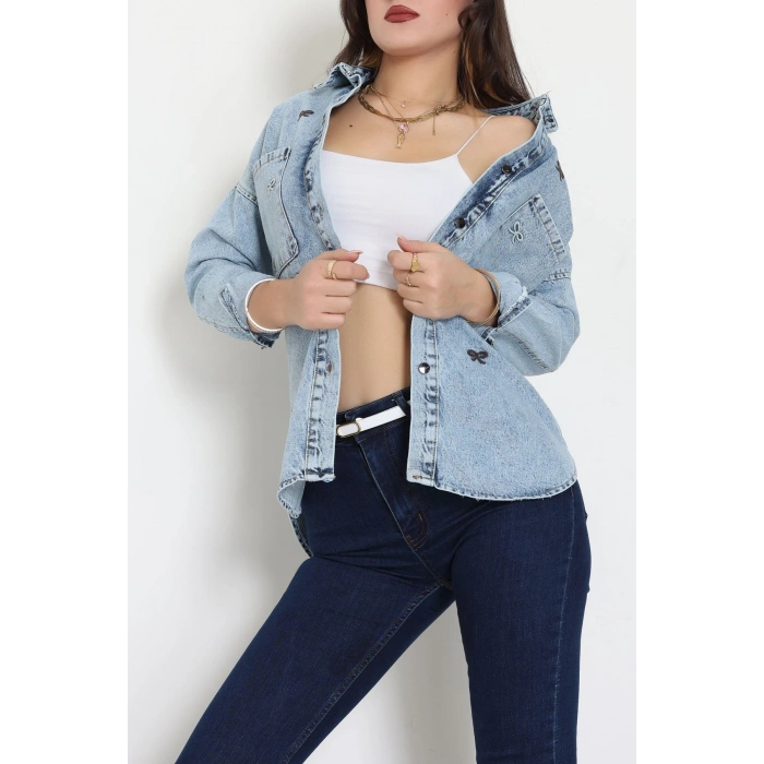 Kurdele Nakışlı Kot Ceket Mavi - 31785.683.