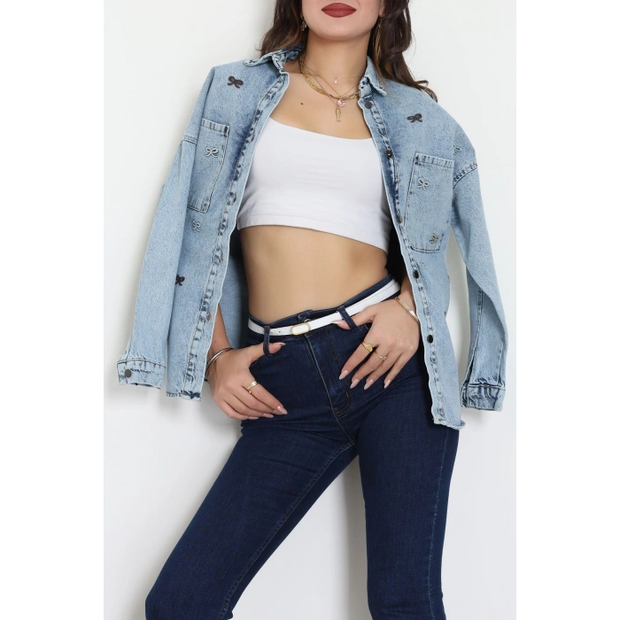 Kurdele Nakışlı Kot Ceket Mavi - 31785.683.