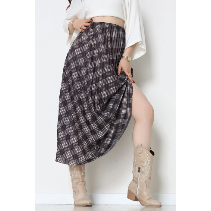 Laklı Denye Piliseli Ekose Etek Füme - 51252.2036.