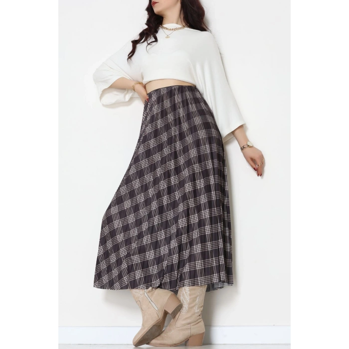 Laklı Denye Piliseli Ekose Etek Füme - 51252.2036.