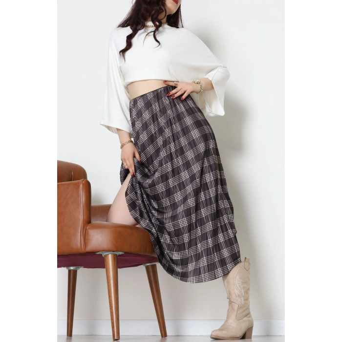 Laklı Denye Piliseli Ekose Etek Füme - 51252.2036.