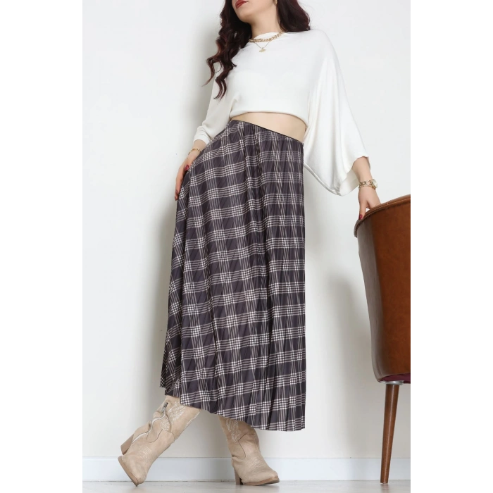 Laklı Denye Piliseli Ekose Etek Füme - 51252.2036.