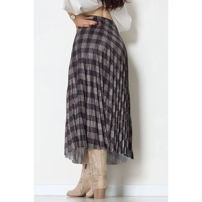 Laklı Denye Piliseli Ekose Etek Füme - 51252.2036.