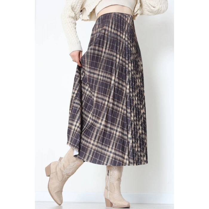 Laklı Denye Piliseli Ekose Etek Haki - 51252.2036.