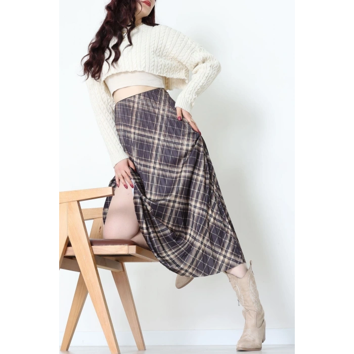 Laklı Denye Piliseli Ekose Etek Haki - 51252.2036.