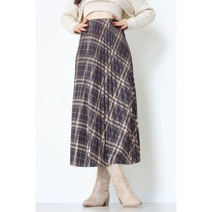 Laklı Denye Piliseli Ekose Etek Haki - 51252.2036.