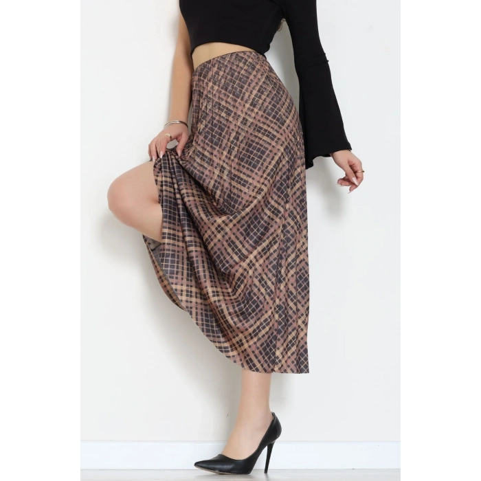 Laklı Denye Piliseli Ekose Etek Kahve - 51252.2036.