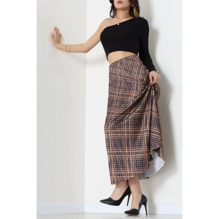 Laklı Denye Piliseli Ekose Etek Kahve - 51252.2036.