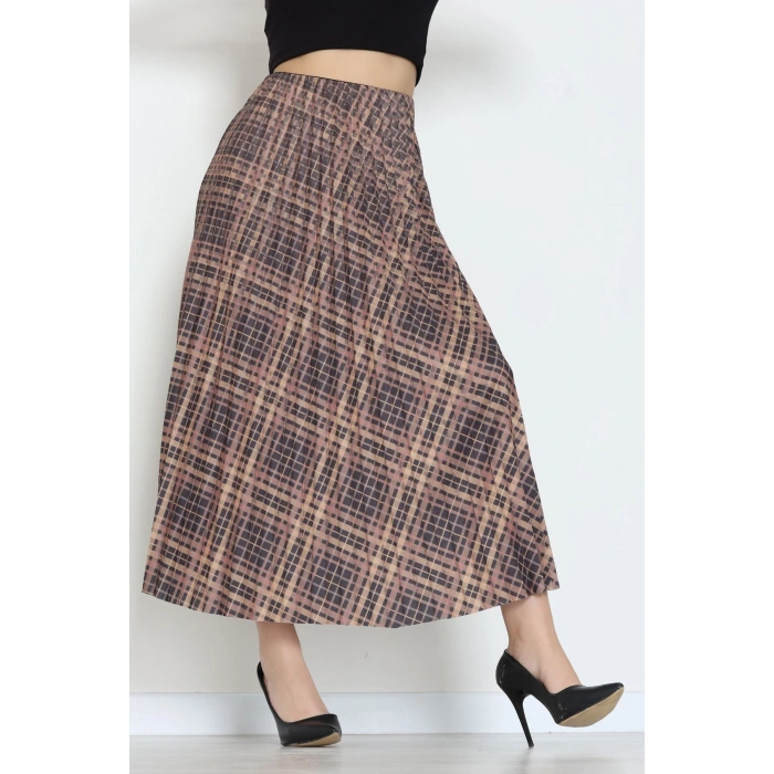 Laklı Denye Piliseli Ekose Etek Kahve - 51252.2036.