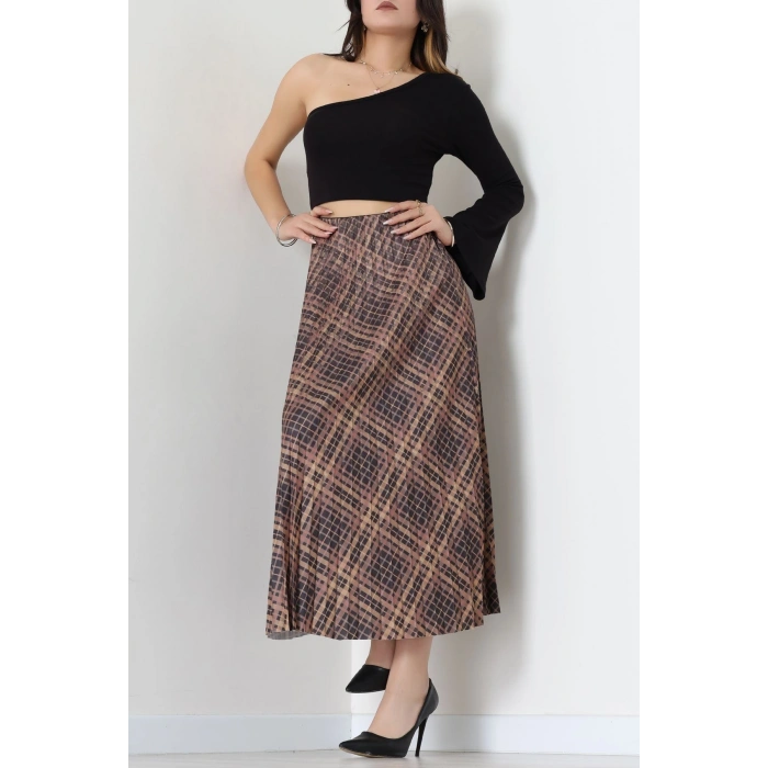 Laklı Denye Piliseli Ekose Etek Kahve - 51252.2036.