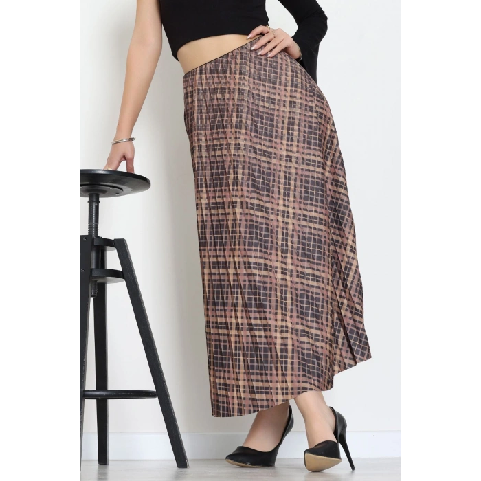 Laklı Denye Piliseli Ekose Etek Kahve - 51252.2036.