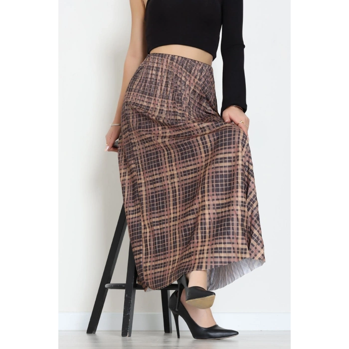 Laklı Denye Piliseli Ekose Etek Kahve - 51252.2036.