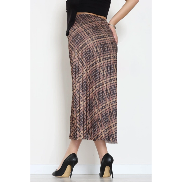 Laklı Denye Piliseli Ekose Etek Kahve - 51252.2036.