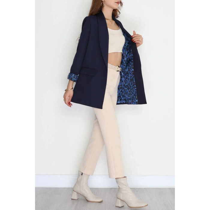 Leopar Astarlı Blazer Ceket Lacivert - 51500.1909.