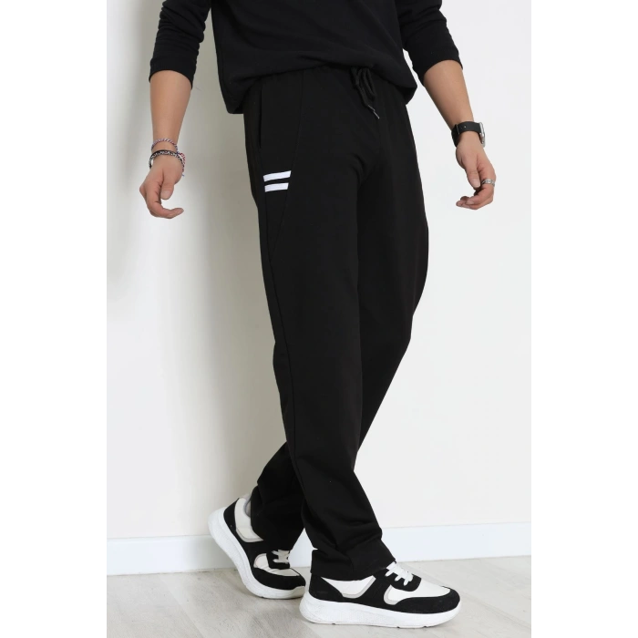 Likralı 2 İplik Bol Paça Erkek Eşofman Altı Siyahbeyaz - 70899.1938.