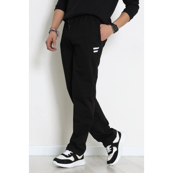 Likralı 2 İplik Bol Paça Erkek Eşofman Altı Siyahbeyaz - 70899.1938.