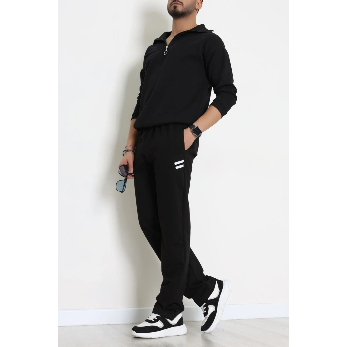 Likralı 2 İplik Bol Paça Erkek Eşofman Altı Siyahbeyaz - 70899.1938.