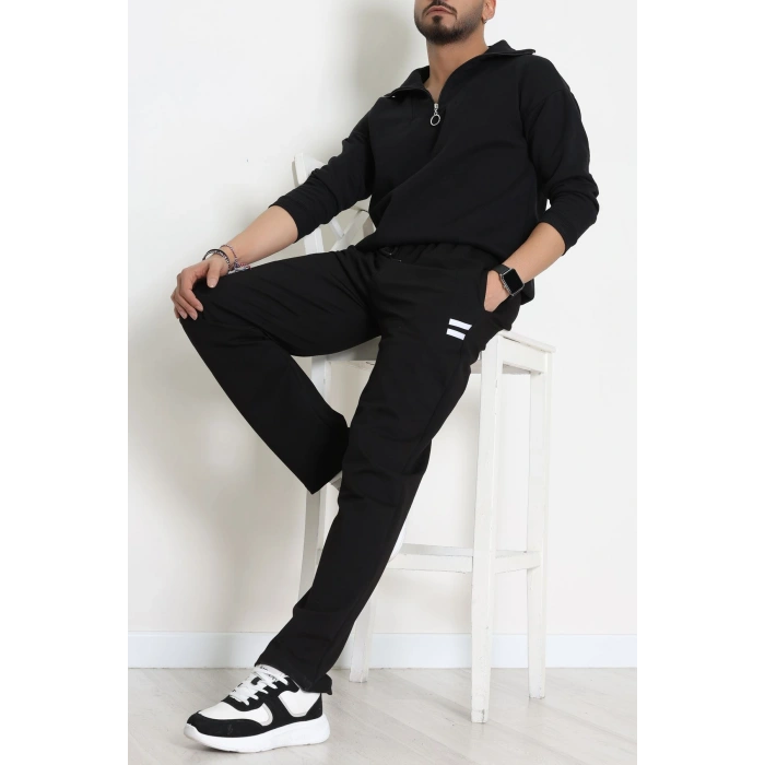 Likralı 2 İplik Bol Paça Erkek Eşofman Altı Siyahbeyaz - 70899.1938.