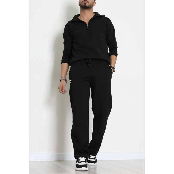 Likralı 2 İplik Bol Paça Erkek Eşofman Altı Siyahbeyaz - 70899.1938.