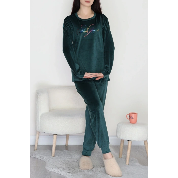 Likralı Fransız Kadife Pijama Takımı Zümrüt - 42068.1049.