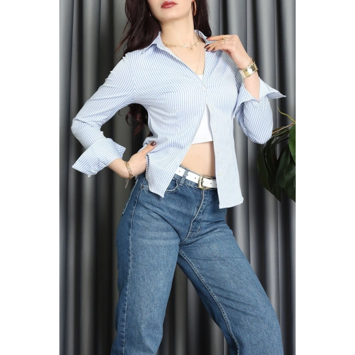 Likralı Pensli Çizgili Gömlek Mavi - 2456.1602.