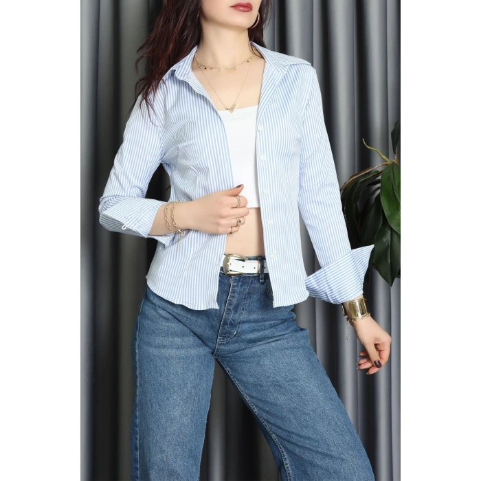 Likralı Pensli Çizgili Gömlek Mavi - 2456.1602.