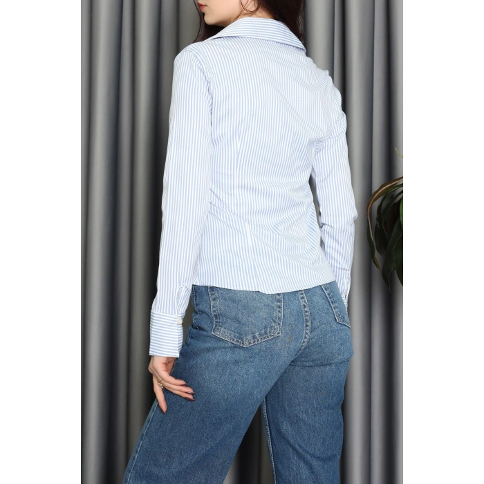 Likralı Pensli Çizgili Gömlek Mavi - 2456.1602.