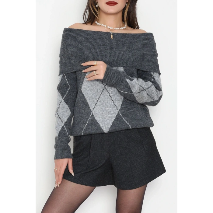 Madonna Yaka Baklava Desen Triko Fümegri - 2123.1765.