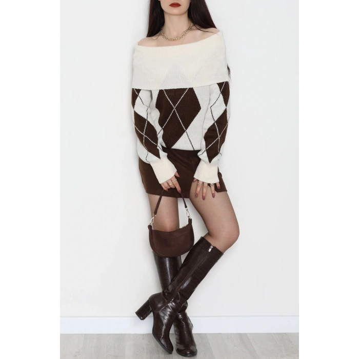 Madonna Yaka Baklava Desen Triko Lattekahve - 2123.1765.