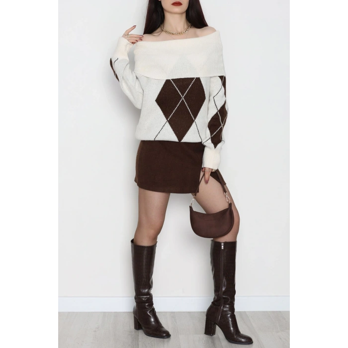 Madonna Yaka Baklava Desen Triko Lattekahve - 2123.1765.