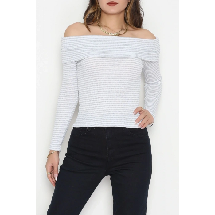 Madonna Yaka Likralı Kaşkorse Bluz Gribeyaz - 42765.1567.