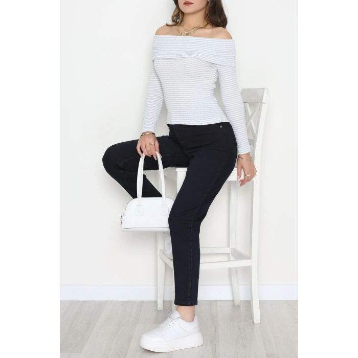 Madonna Yaka Likralı Kaşkorse Bluz Gribeyaz - 42765.1567.