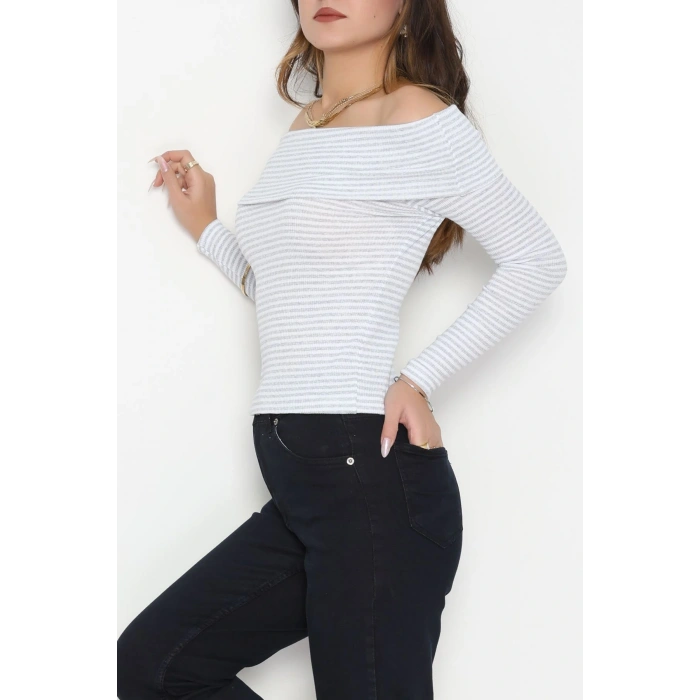 Madonna Yaka Likralı Kaşkorse Bluz Gribeyaz - 42765.1567.