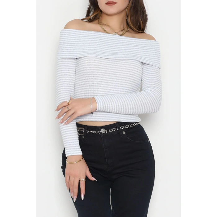 Madonna Yaka Likralı Kaşkorse Bluz Gribeyaz - 42765.1567.