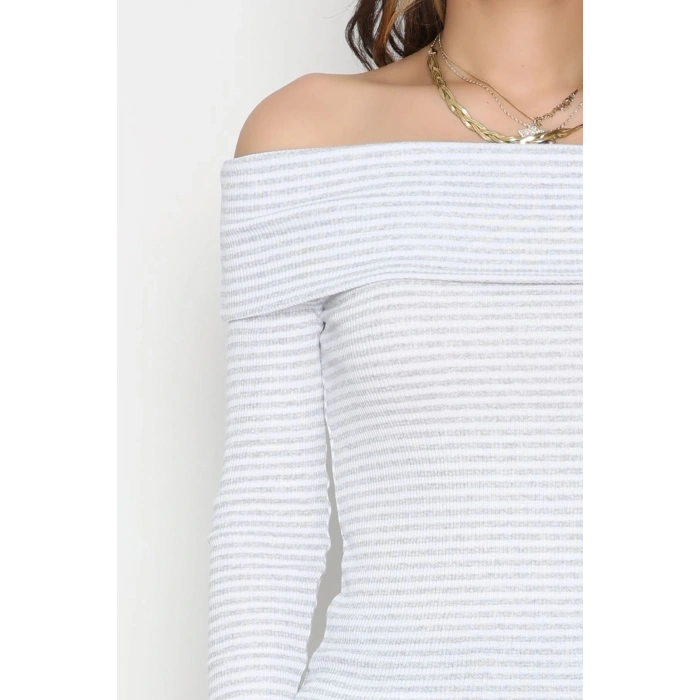Madonna Yaka Likralı Kaşkorse Bluz Gribeyaz - 42765.1567.
