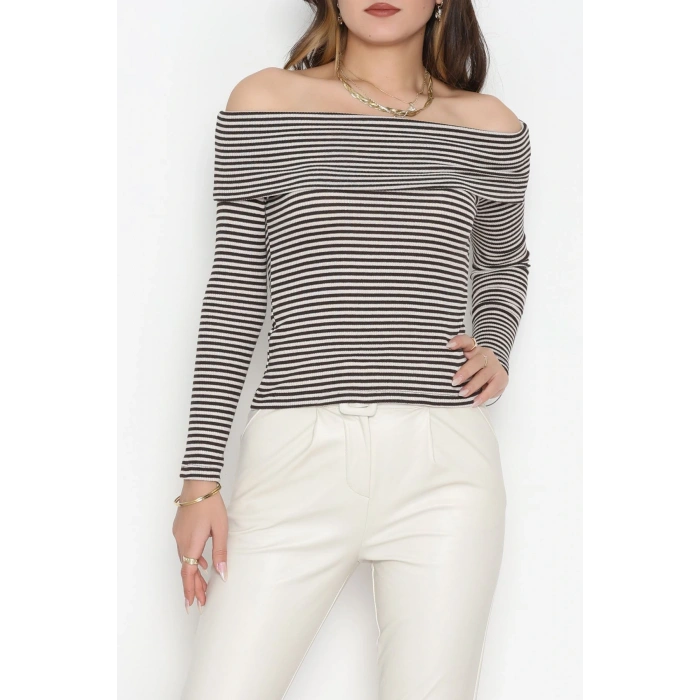 Madonna Yaka Likralı Kaşkorse Bluz Kahvebeyaz - 42765.1567.