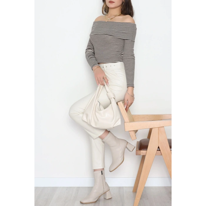 Madonna Yaka Likralı Kaşkorse Bluz Kahvebeyaz - 42765.1567.