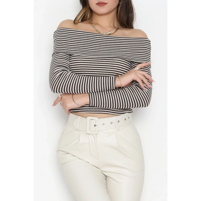 Madonna Yaka Likralı Kaşkorse Bluz Kahvebeyaz - 42765.1567.