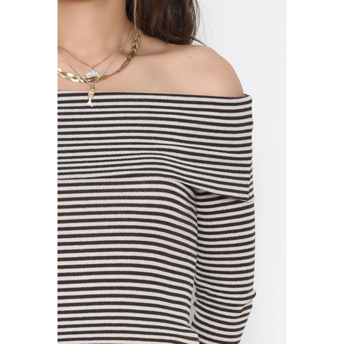 Madonna Yaka Likralı Kaşkorse Bluz Kahvebeyaz - 42765.1567.