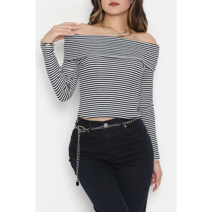 Madonna Yaka Likralı Kaşkorse Bluz Siyahbeyaz - 42765.1567.