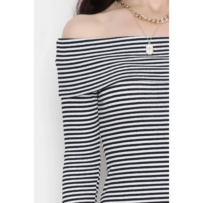 Madonna Yaka Likralı Kaşkorse Elbise Siyahbeyaz - 42764.1567.