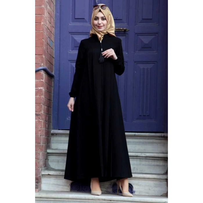 Medine İpeği Tesettür Pile Detaylı Ferace MDC-0165 Siyah