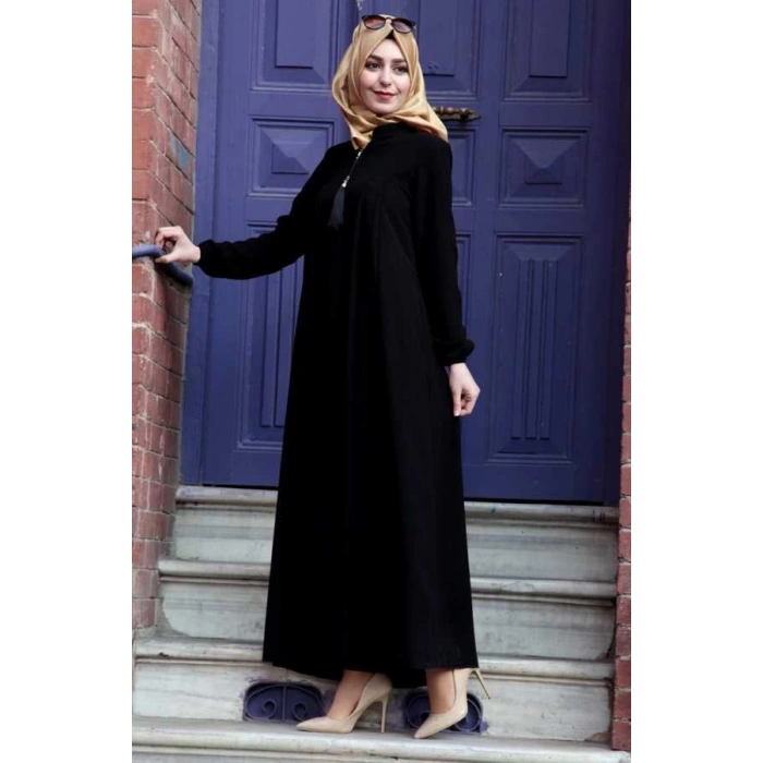 Medine İpeği Tesettür Pile Detaylı Ferace MDC-0165 Siyah